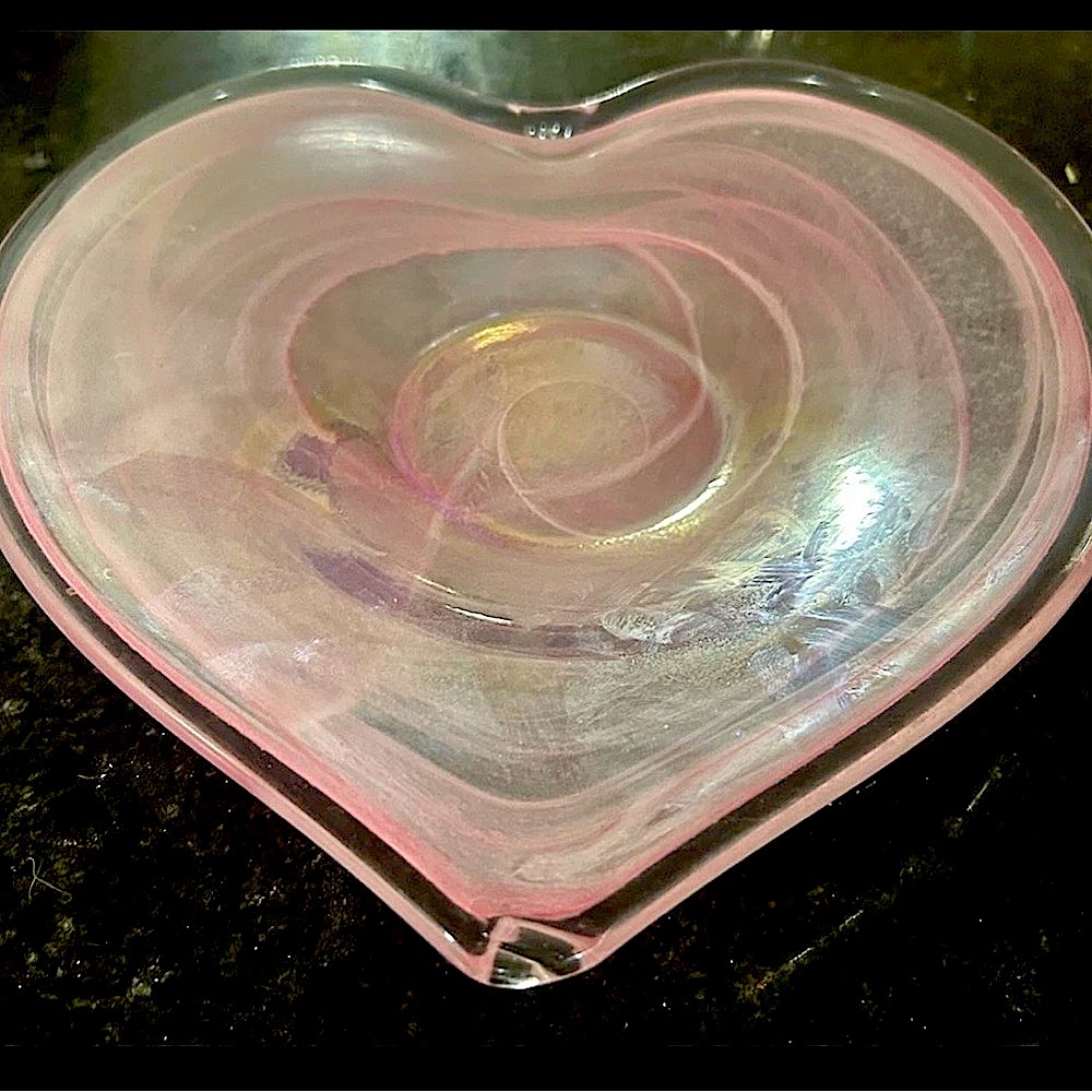 Lavorazione Art Murano Italy Pink Heart Swirl Art Deco Glass Bowl Centerpiece
